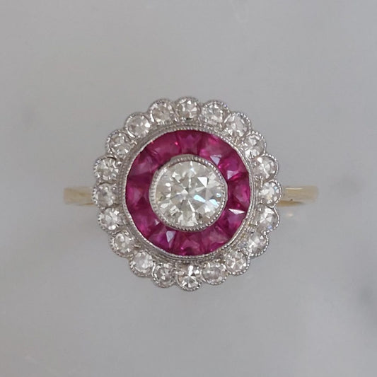 Vintage Diamond and Ruby Target Cluster Ring, 0.90ct