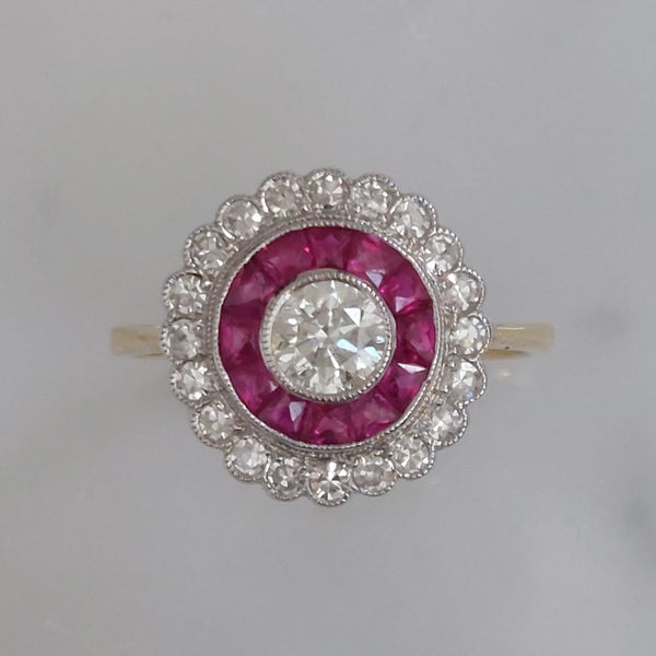 Vintage Diamond and Ruby Target Cluster Ring, 0.90ct