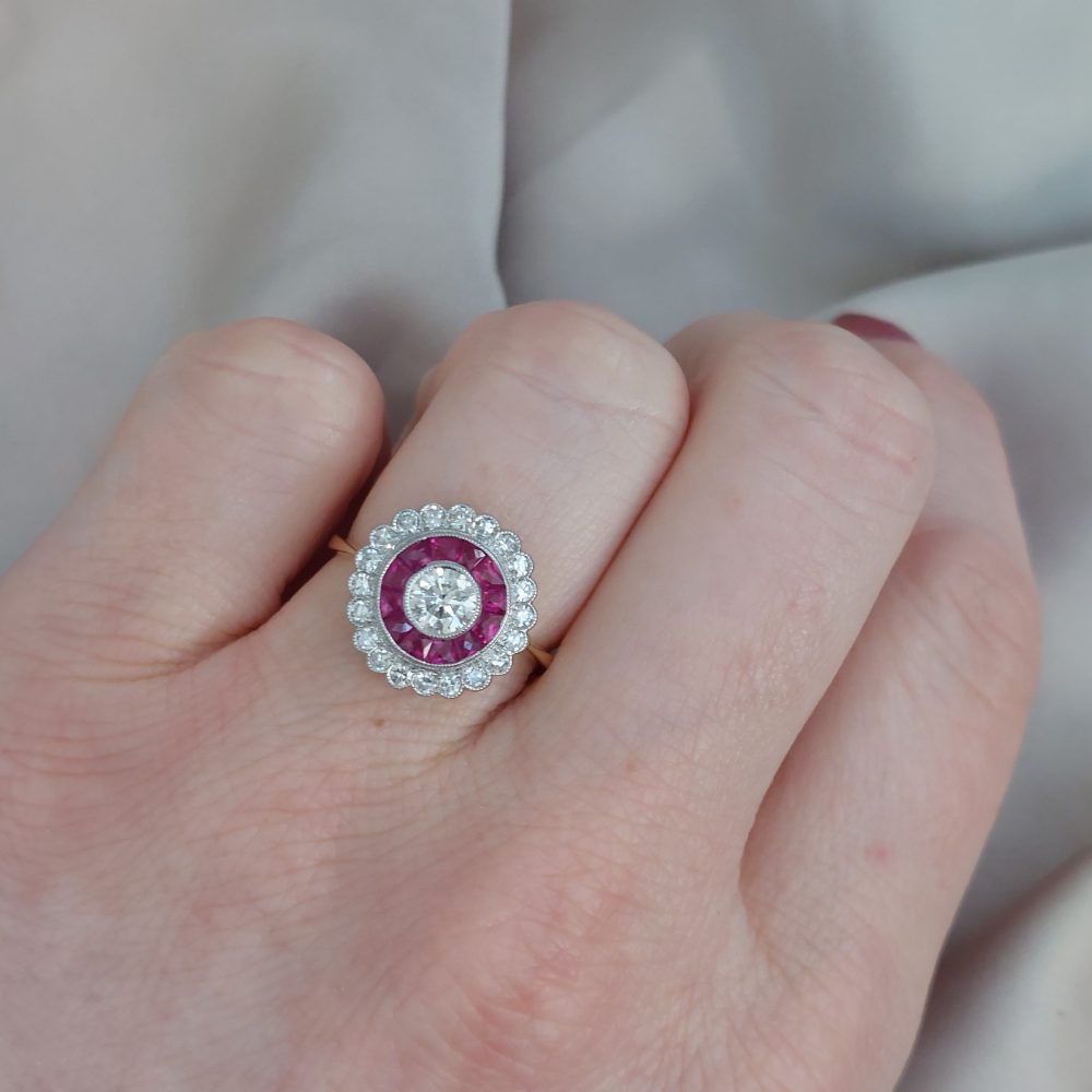 Vintage Diamond and Ruby Target Cluster Ring, 0.90ct
