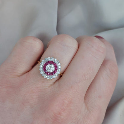 Vintage Diamond and Ruby Target Cluster Ring, 0.90ct