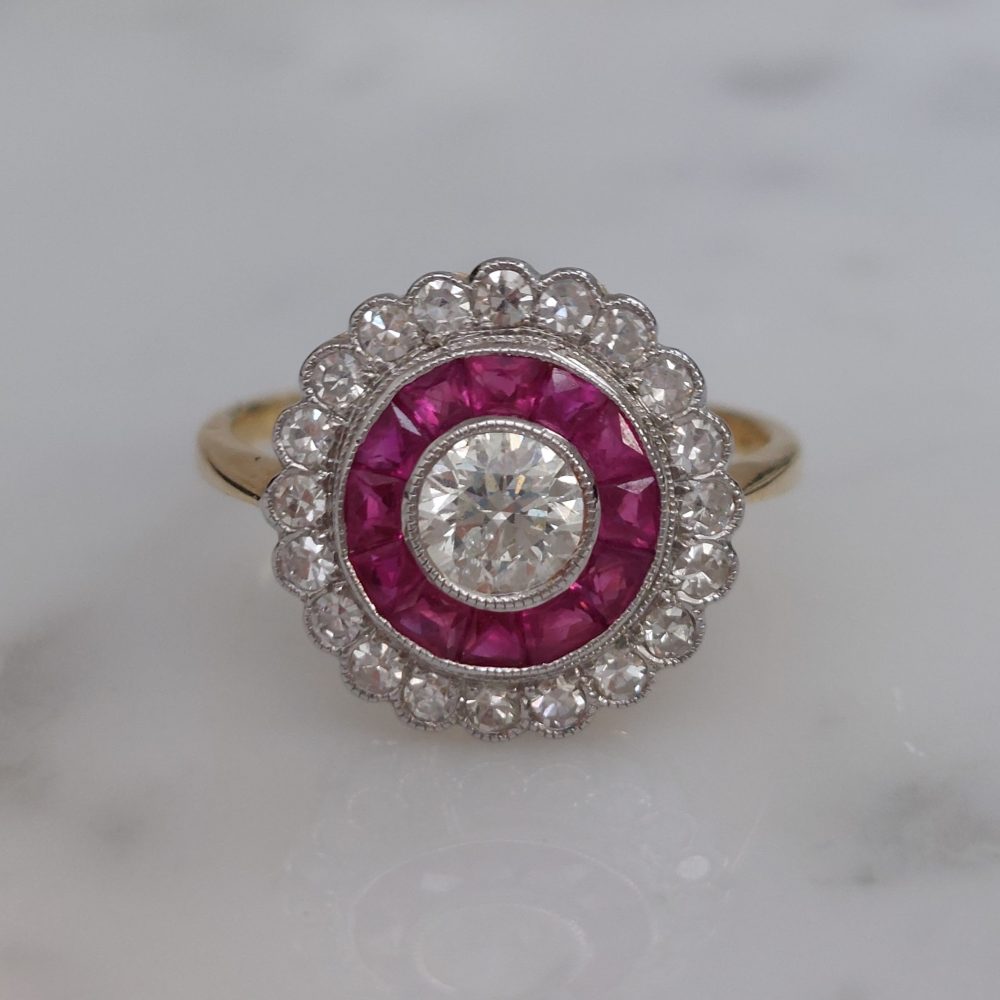 Vintage Diamond and Ruby Target Cluster Ring, 0.90ct