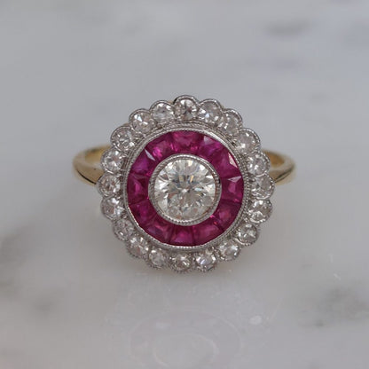 Vintage Diamond and Ruby Target Cluster Ring, 0.90ct