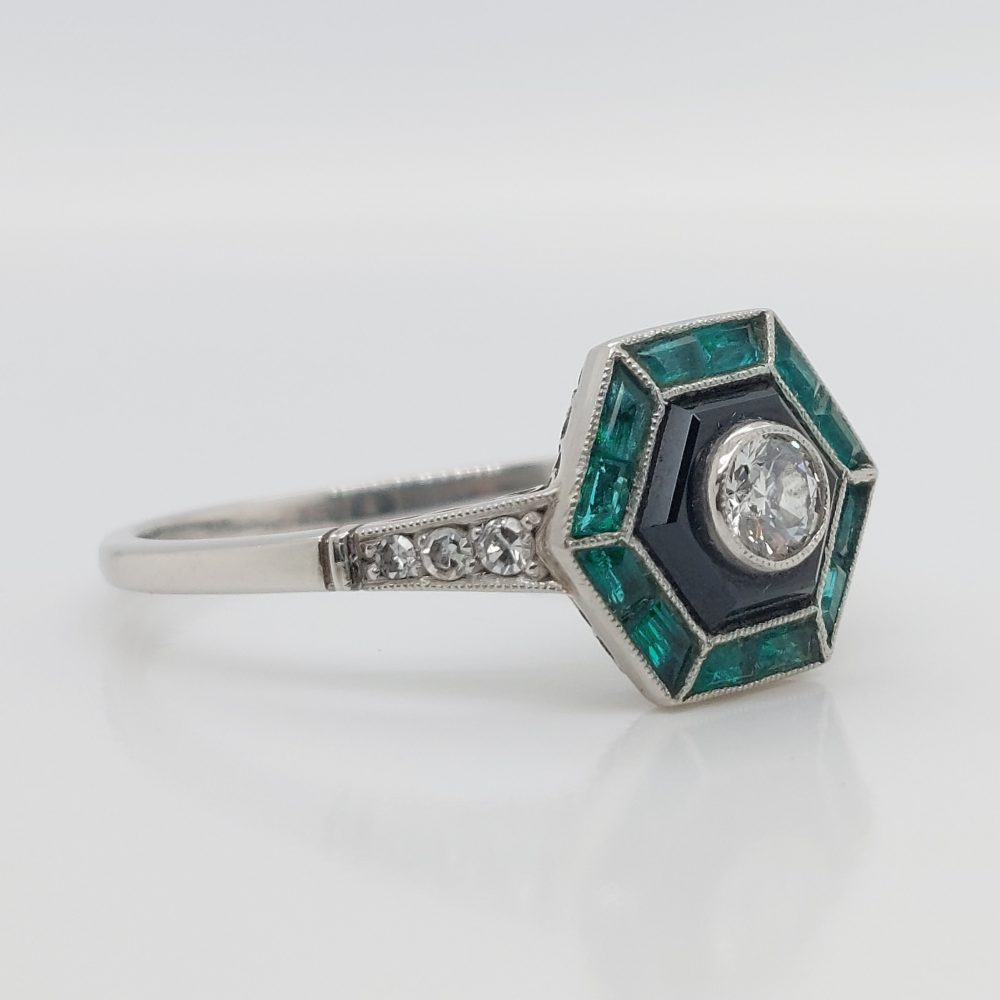 Vintage Emerald Diamond and Onyx Target Ring, Platinum