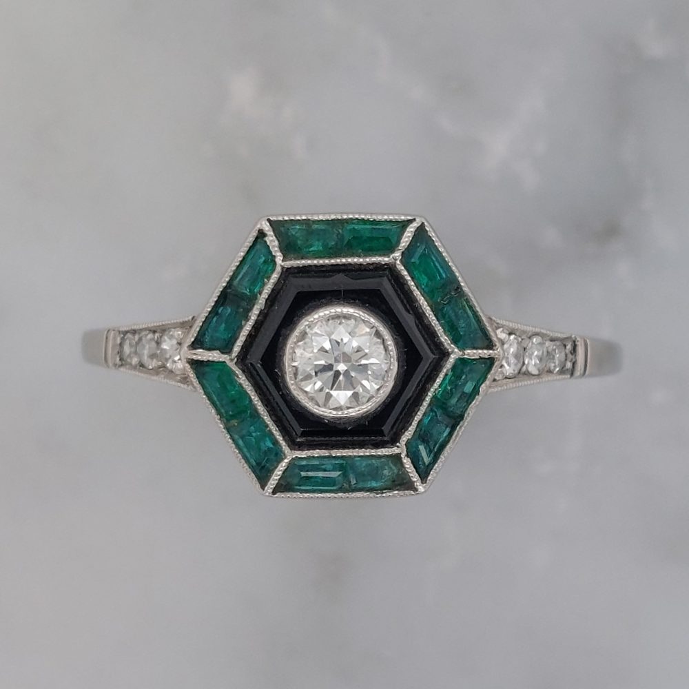 Vintage Emerald Diamond and Onyx Target Ring, Platinum