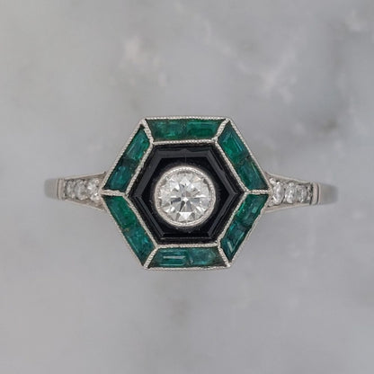 Vintage Emerald Diamond and Onyx Target Ring, Platinum