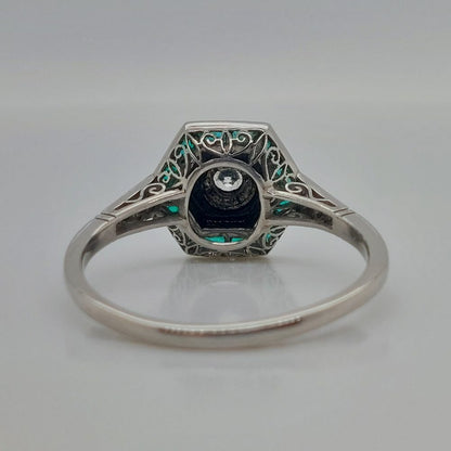 Vintage Emerald Diamond and Onyx Target Ring, Platinum