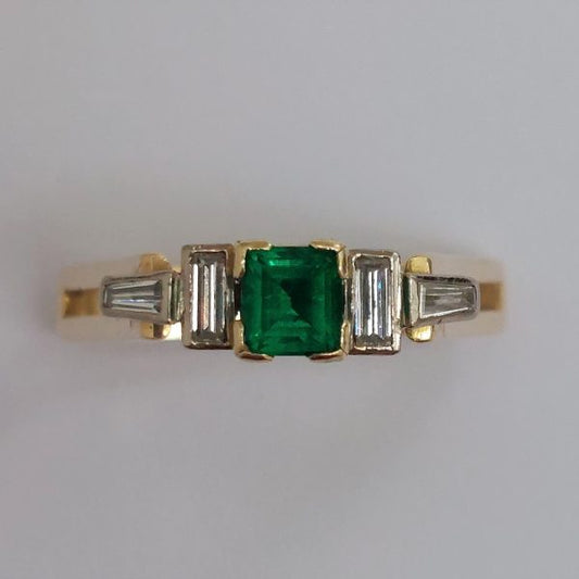 Vintage Emerald and Baguette Cut Diamond Ring