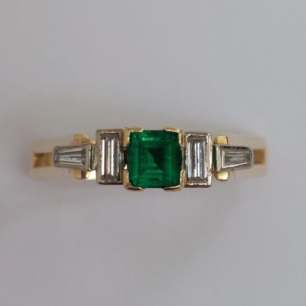 Vintage Emerald and Baguette Cut Diamond Ring