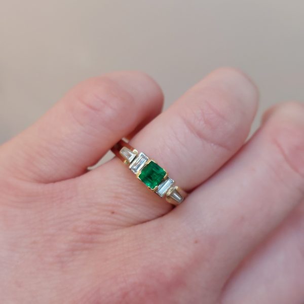 Vintage Emerald and Baguette Cut Diamond Ring