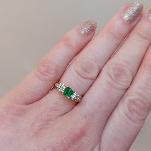 Vintage Emerald and Baguette Cut Diamond Ring