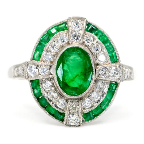 Vintage Emerald and Diamond Cluster Platinum Ring
