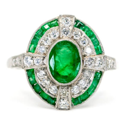 Vintage Emerald and Diamond Cluster Platinum Ring