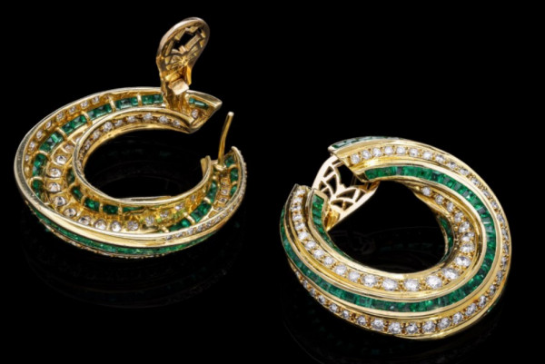 Vintage Emerald and Diamond Twist Hoop Earrings