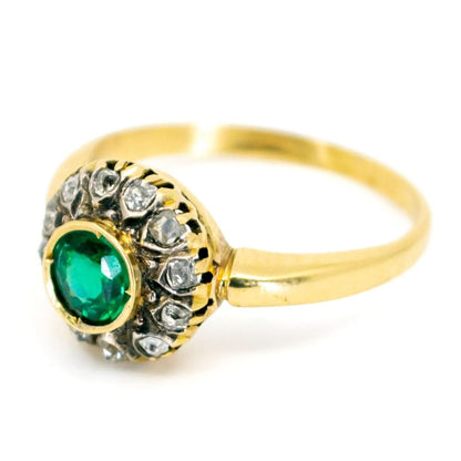 Vintage Emerald and Old Mine Cut Diamond Cluster Ring 