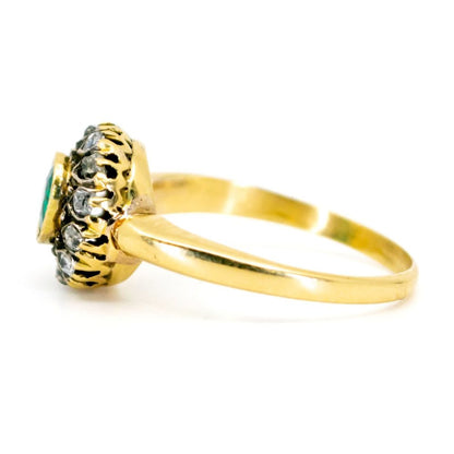 Vintage Emerald and Old Mine Cut Diamond Cluster Ring 