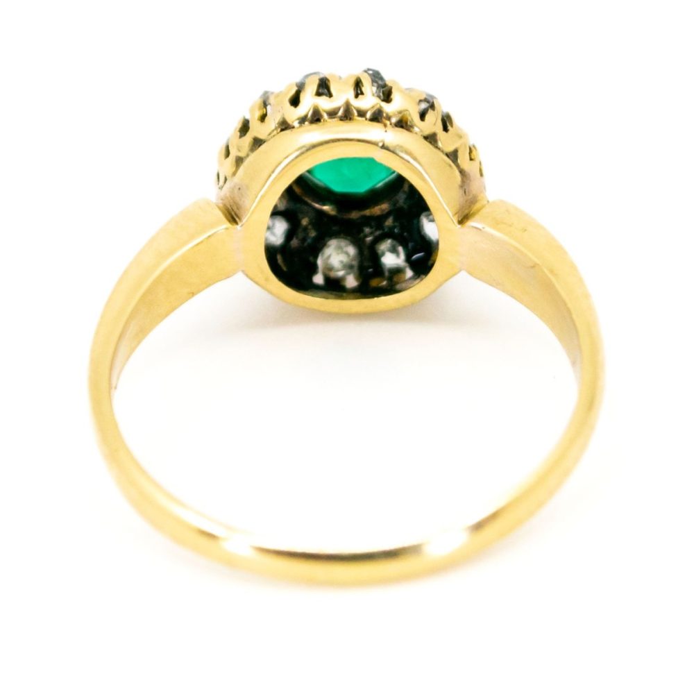 Vintage Emerald and Old Mine Cut Diamond Cluster Ring 