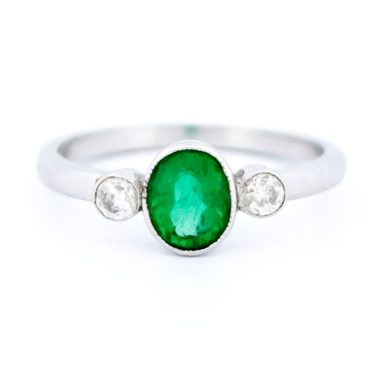 Vintage Emerald and Old Mine Cut Diamond Three Stone Ring