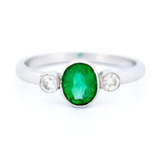 Vintage Emerald and Old Mine Cut Diamond Three Stone Ring
