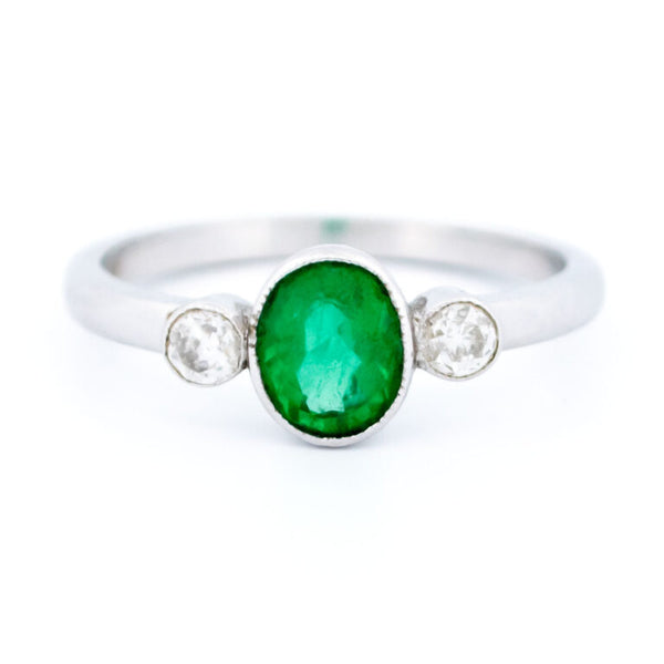 Vintage Emerald and Old Mine Cut Diamond Three Stone Ring