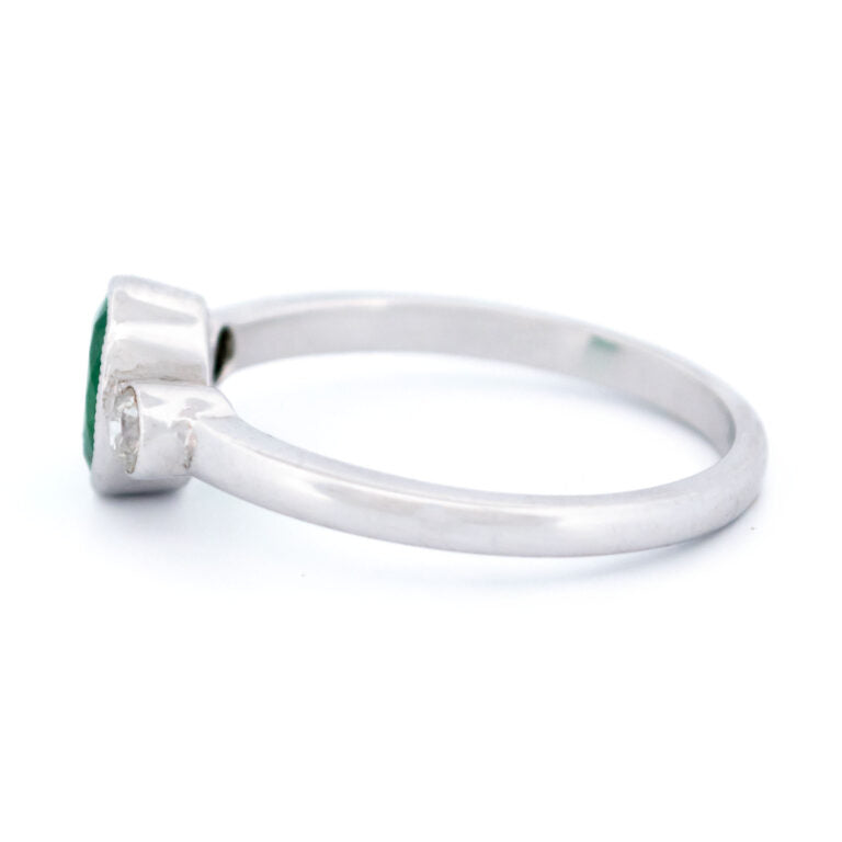 Vintage Emerald and Old Mine Cut Diamond Three Stone Ring