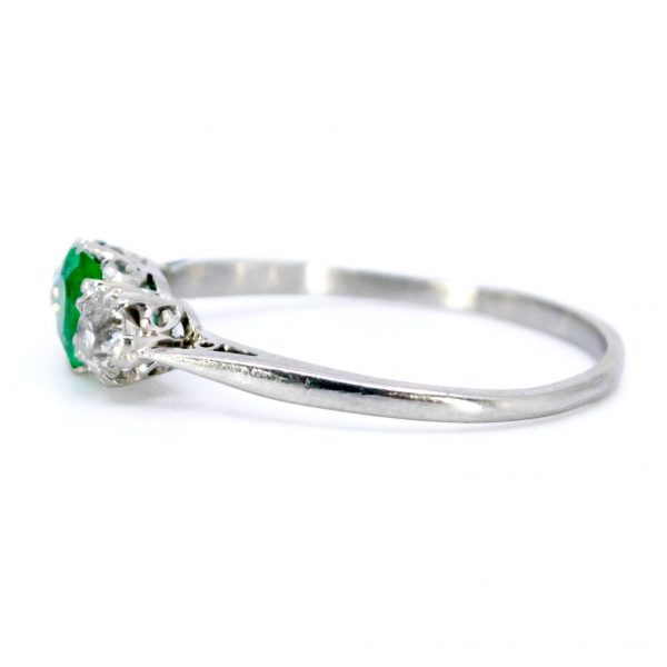 Vintage Emerald and Old Mine Cut Three Stone Ring