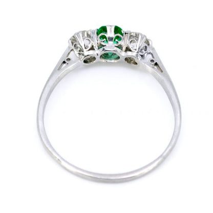 Vintage Emerald and Old Mine Cut Three Stone Ring