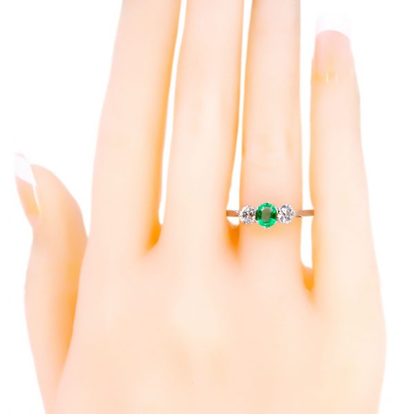 Vintage Emerald and Old Mine Cut Three Stone Ring
