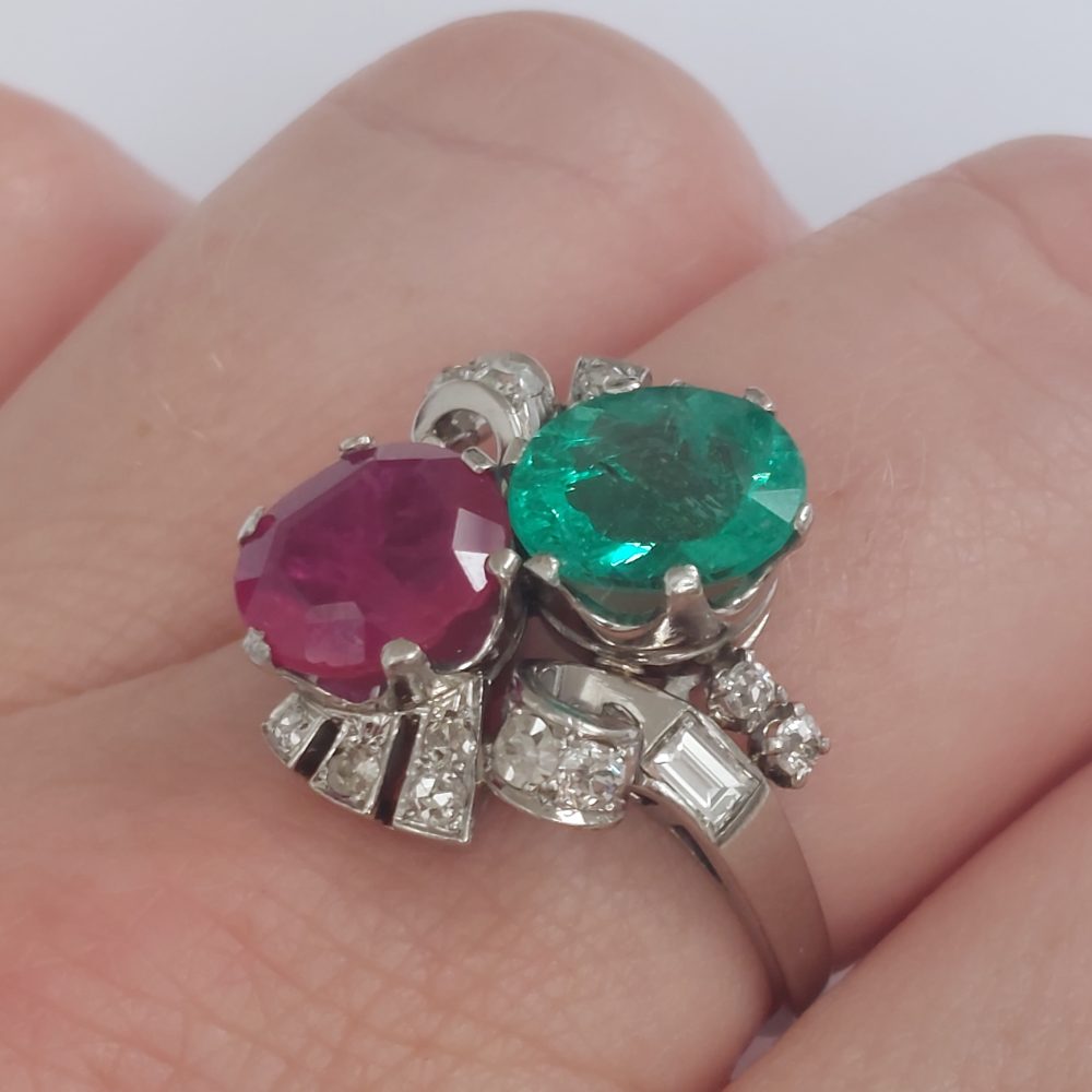 Vintage Emerald and Ruby Crossover Ring with Diamond Set Shoulders