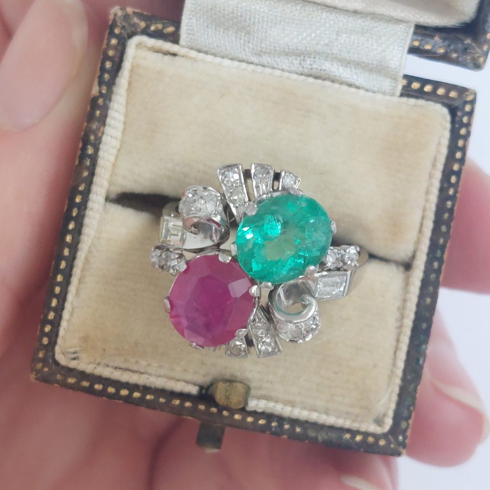 Vintage Emerald and Ruby Crossover Ring with Diamond Set Shoulders