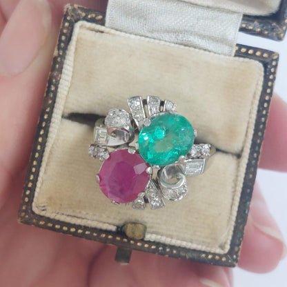 Vintage Emerald and Ruby Crossover Ring with Diamond Set Shoulders