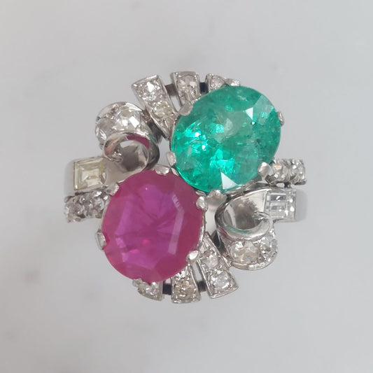 Vintage Emerald and Ruby Crossover Ring with Diamond Set Shoulders