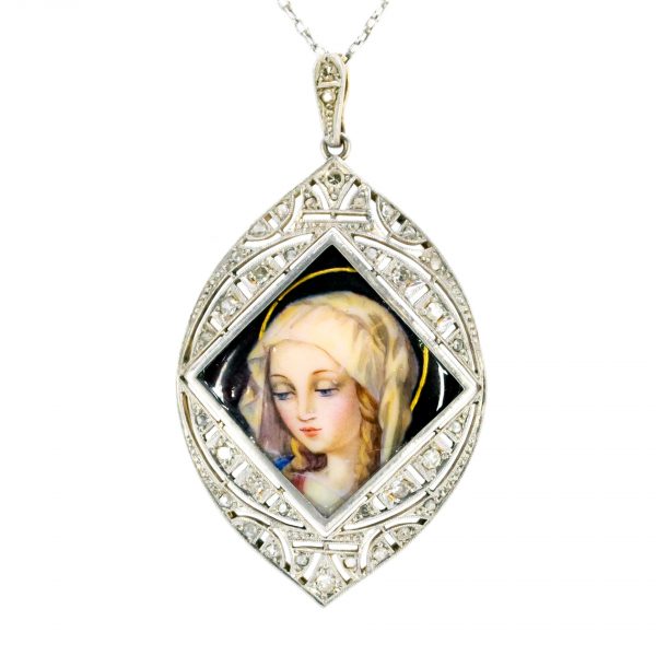 Vintage Enamel Portrait and Rose Diamond Pendant