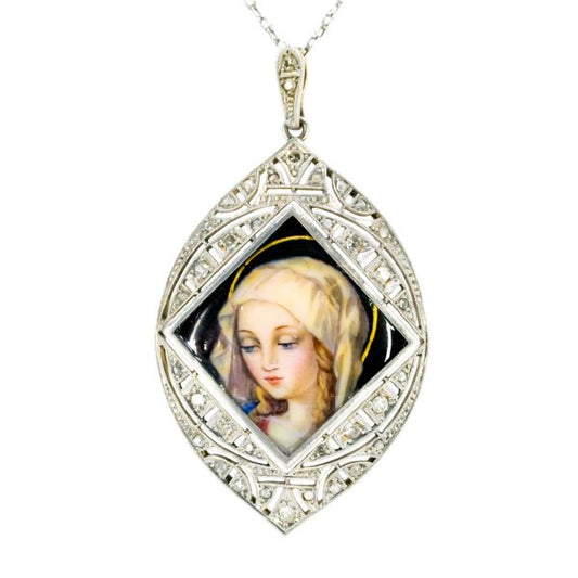 Vintage Enamel Portrait and Rose Diamond Pendant