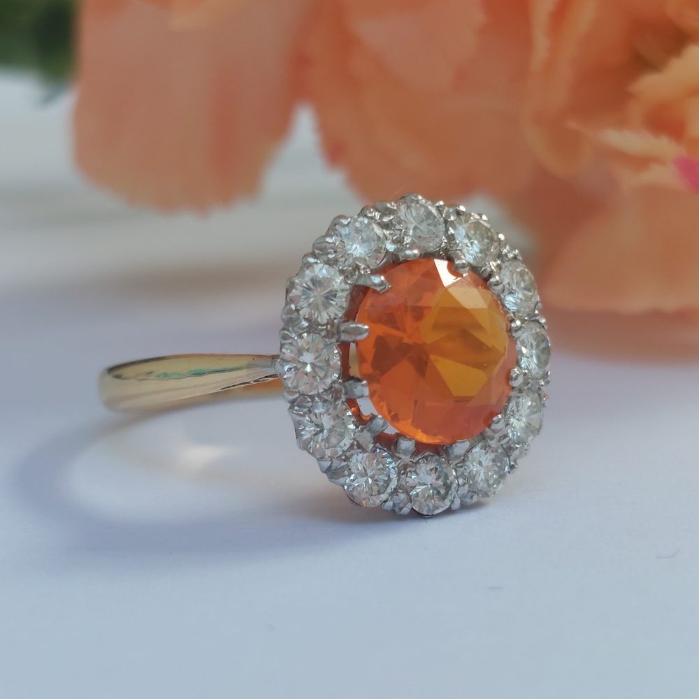 Vintage Fire Opal and Diamond Cluster Ring