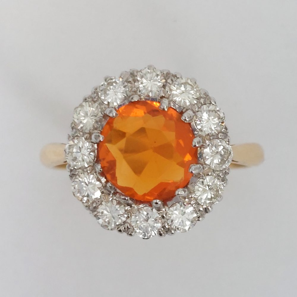 Vintage Fire Opal and Diamond Cluster Ring