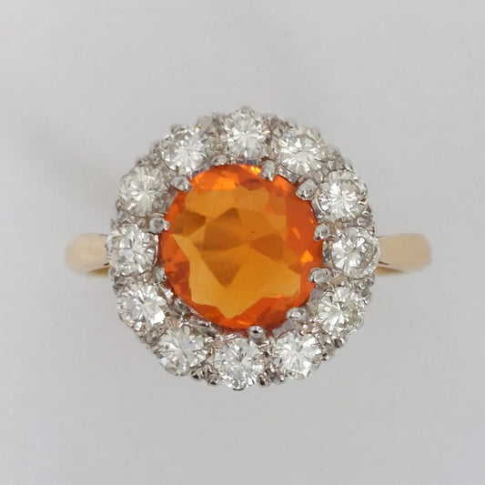 Vintage Fire Opal and Diamond Cluster Ring
