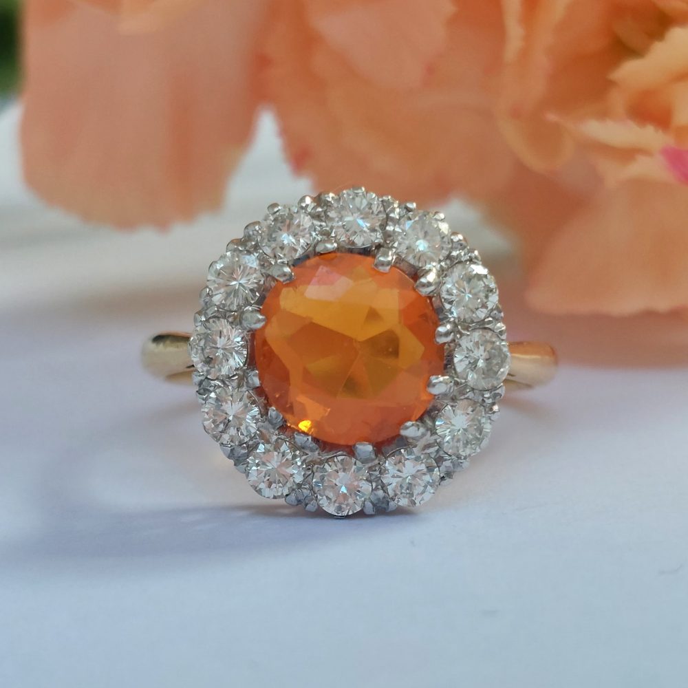 Vintage Fire Opal and Diamond Cluster Ring
