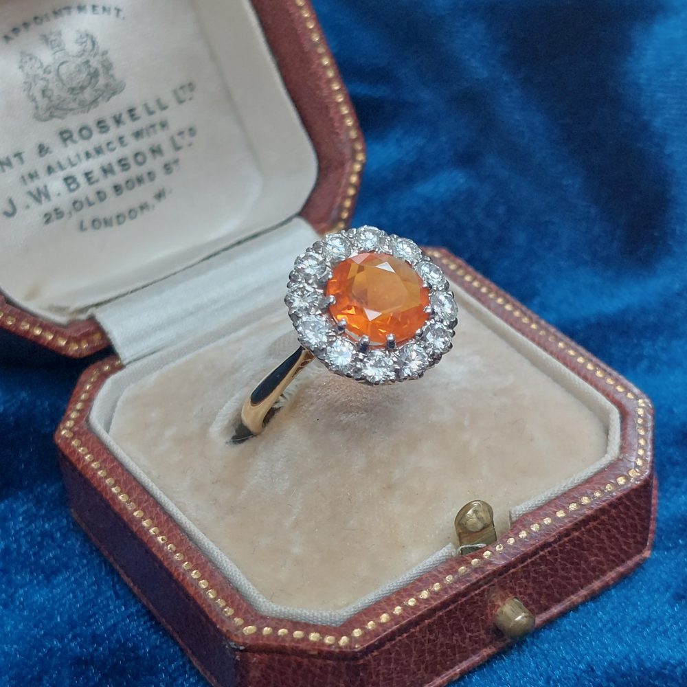 Vintage Fire Opal and Diamond Cluster Ring