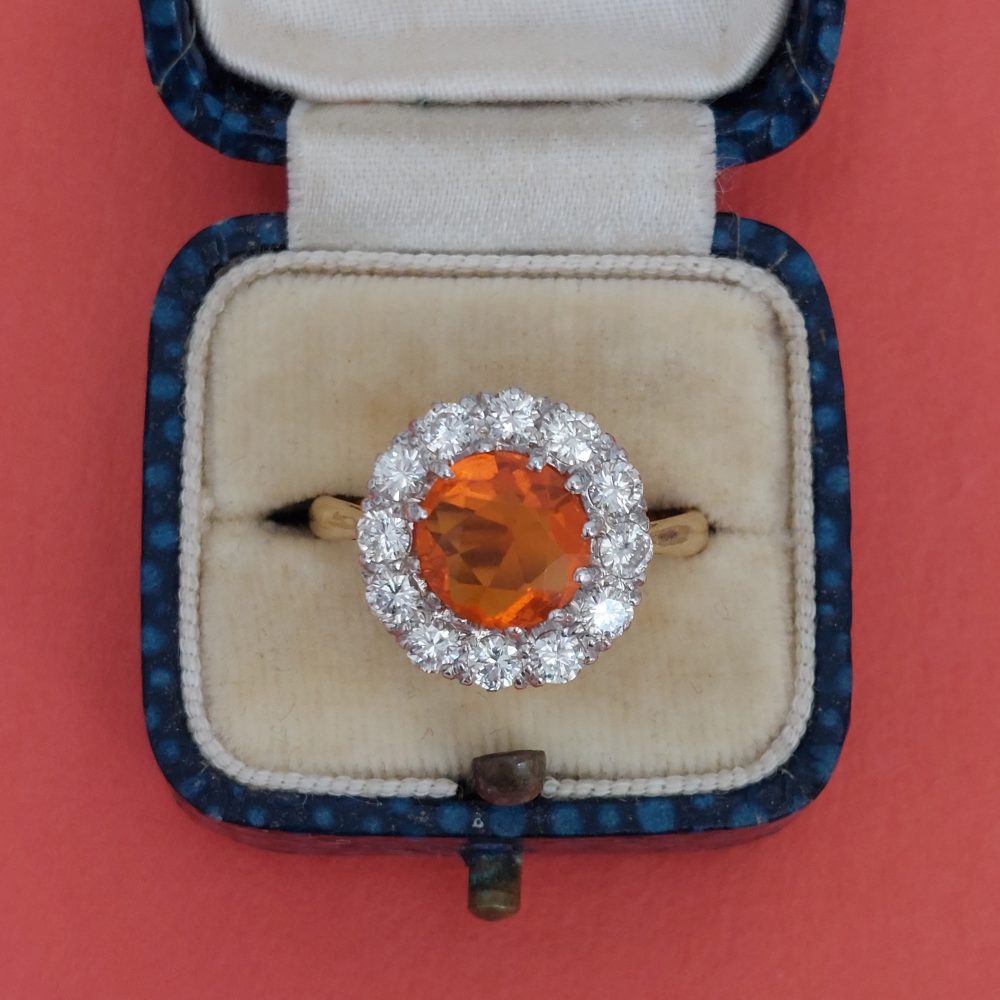 Vintage Fire Opal and Diamond Cluster Ring