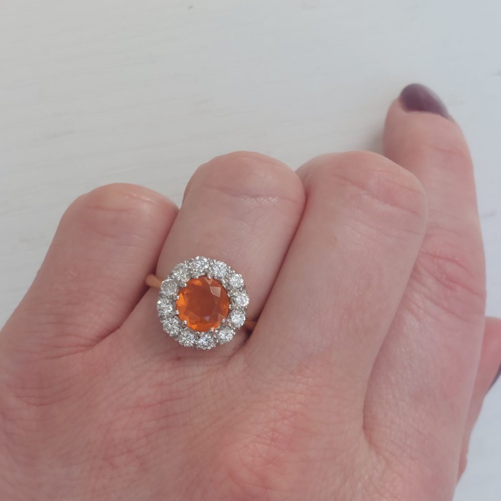 Vintage Fire Opal and Diamond Cluster Ring