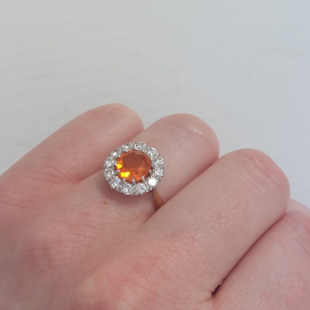 Vintage Fire Opal and Diamond Cluster Ring