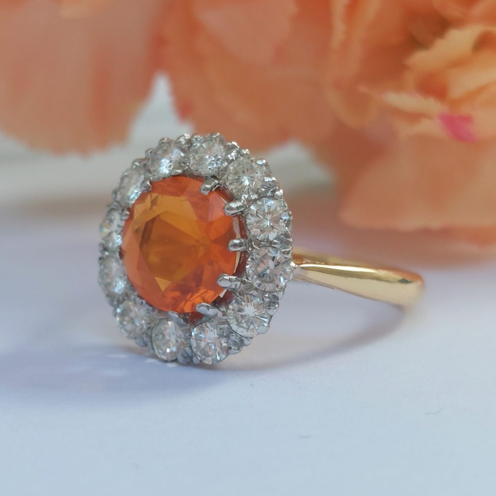 Vintage Fire Opal and Diamond Cluster Ring