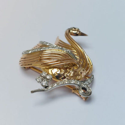 Vintage French Diamond Set Swan Brooch