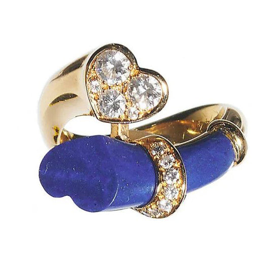 Vintage French Lapis Lazuli and Gold Entwined Heart Crossover Ring