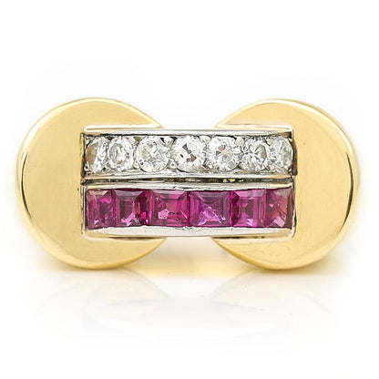 Vintage French Retro 1940s Diamond Ruby Gold Tank Ring