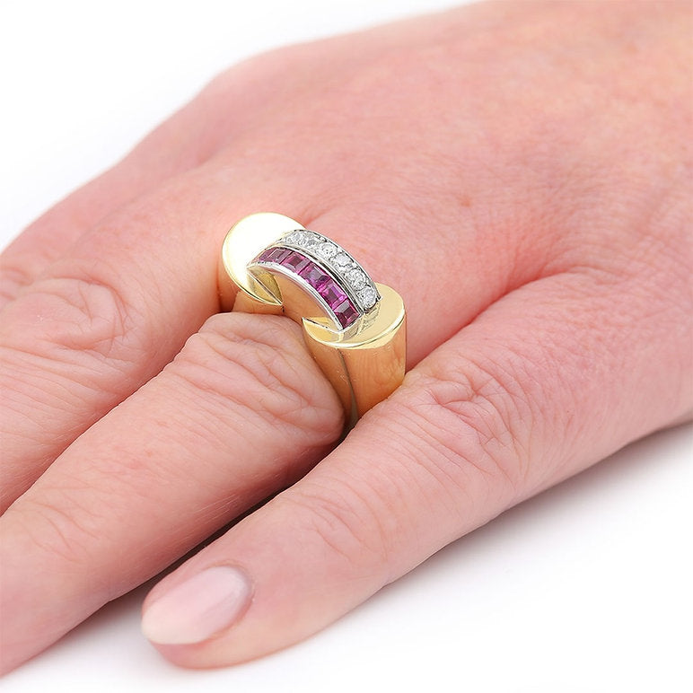Vintage French Retro 1940s Diamond Ruby Gold Tank Ring
