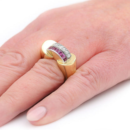 Vintage French Retro 1940s Diamond Ruby Gold Tank Ring