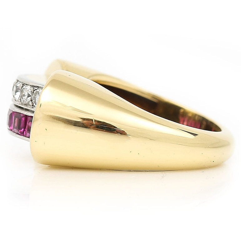 Vintage French Retro 1940s Diamond Ruby Gold Tank Ring
