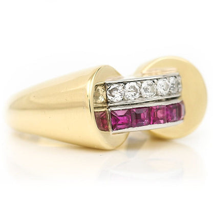 Vintage French Retro 1940s Diamond Ruby Gold Tank Ring