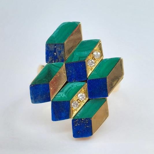 Vintage Geometric Lapis Malachite and Diamond Ring